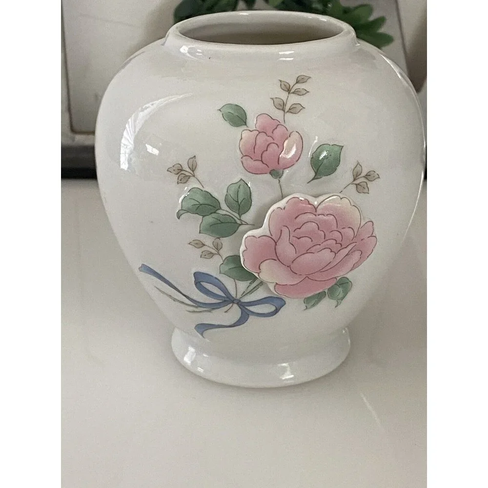 Vintage Japan Mini Vase 3D Raised Roses Porcelain Collectible White and Pink EUC